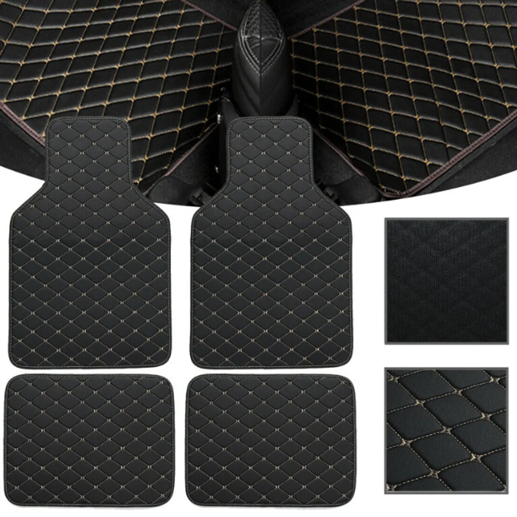 4 Stück Universal-Fussmatten Aus Kunstleder, Vorne Und Hinten, Wasserdicht, Schwarz Und Beige Genäht 3 4 Stück Universal-Fussmatten Aus Kunstleder, Vorne Und Hinten, Wasserdicht, Schwarz Und Beige Genäht