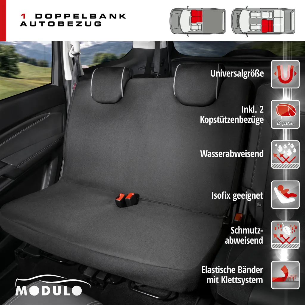 WALSER Auto-Sitzbezug Doppelbankbezug Modulo, Universal Auto-Schonbezug Für Normalsitze, Sitzschoner-Auto Mit Kopfstützenbezügen Schwarz 4 WALSER Auto-Sitzbezug Doppelbankbezug Modulo, Universal Auto-Schonbezug Für Normalsitze, Sitzschoner-Auto Mit Kopfstützenbezügen Schwarz – Bild 2