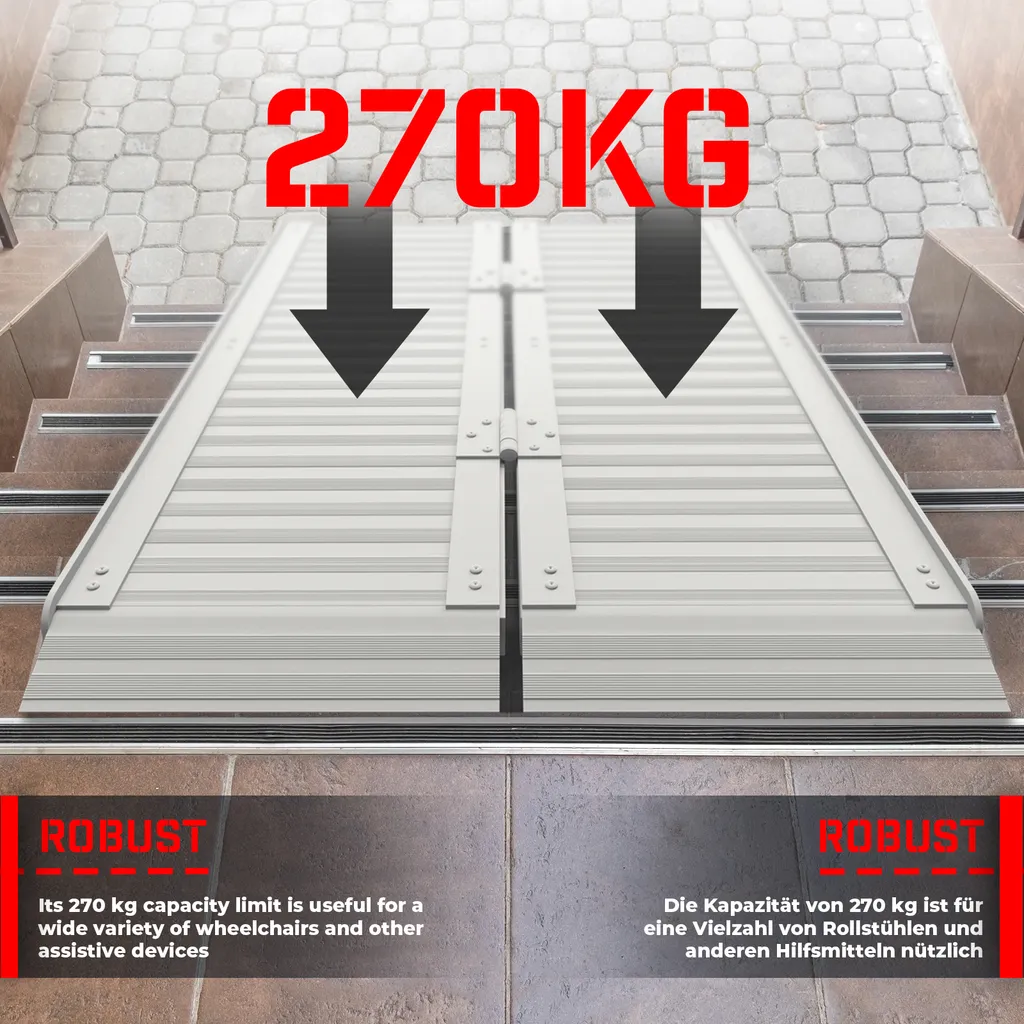 Jago® Rollstuhl Rampe - Aluminium, Klappbar, Versch. Größen (90 Cm, 122 Cm, 150cm), Mobile Faltbar, 270 Kg - Rollstuhlrampe, Auffahrrampe (150cm) 8 Jago® Rollstuhl Rampe - Aluminium, Klappbar, Versch. Größen (90 Cm, 122 Cm, 150cm), Mobile Faltbar, 270 Kg - Rollstuhlrampe, Auffahrrampe (150cm) – Bild 6