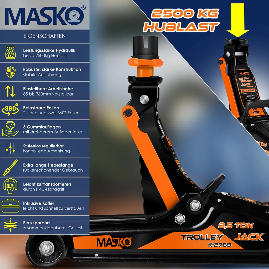 MASKO® Wagenheber Hydraulisch Flache Hubhöhe + 2x Gummiauflage + Handschuhe KFZ Rangierwagenheber Hydraulischer 360° Rollen Heber Unterstellbock, Größe:2.5 Tonnen - Orange 5 MASKO® Wagenheber Hydraulisch Flache Hubhöhe + 2x Gummiauflage + Handschuhe KFZ Rangierwagenheber Hydraulischer 360° Rollen Heber Unterstellbock, Größe:2.5 Tonnen - Orange – Bild 3