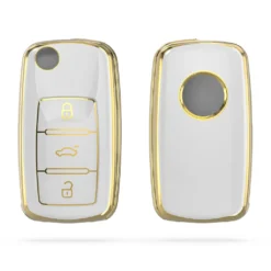 Kwmobile Autoschlüssel Hülle Kompatibel Mit VW Skoda Seat 3-Tasten Autoschlüssel - Schlüsselhülle Silikon Cover - Weiß Gold