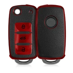 Kwmobile Autoschlüssel Hülle Kompatibel Mit VW Skoda Seat 3-Tasten Autoschlüssel - Schlüsselhülle Cover Rot Schwarz