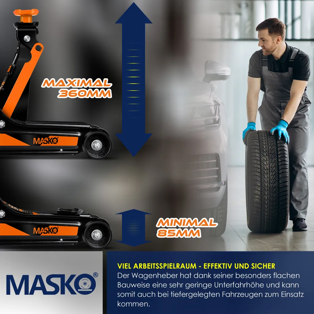MASKO® Wagenheber Hydraulisch Flache Hubhöhe + 2x Gummiauflage + Handschuhe KFZ Rangierwagenheber Hydraulischer 360° Rollen Heber Unterstellbock, Größe:2.5 Tonnen - Orange 6 MASKO® Wagenheber Hydraulisch Flache Hubhöhe + 2x Gummiauflage + Handschuhe KFZ Rangierwagenheber Hydraulischer 360° Rollen Heber Unterstellbock, Größe:2.5 Tonnen - Orange – Bild 4