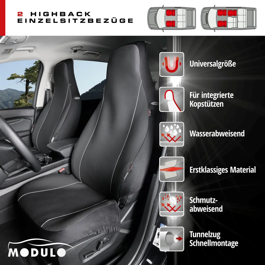 WALSER Auto-Sitzbezug Modulo, 2 Vordersitzbezüge, Universal Auto-Schonbezüge Für Highbacksitze, Universal PKW-Sitzbezüge, Sitzschoner-Auto Schwarz 7 WALSER Auto-Sitzbezug Modulo, 2 Vordersitzbezüge, Universal Auto-Schonbezüge Für Highbacksitze, Universal PKW-Sitzbezüge, Sitzschoner-Auto Schwarz – Bild 5