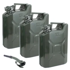 3x Kraftstoffkanister Benzin & Diesel Metall 10 L Kratzfest Nato Oliv Inkl. 1x Ausgießer