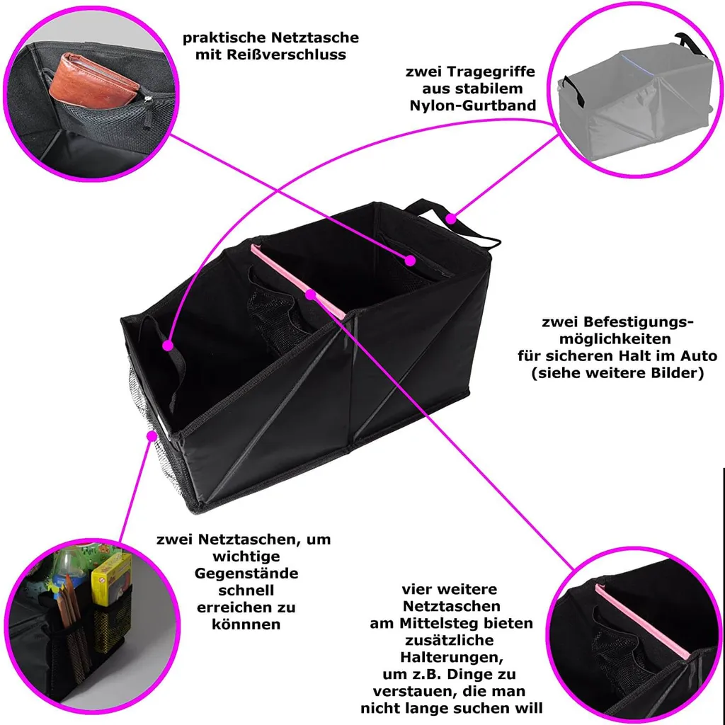 Wumbi Aufbewahrungsbox Pink KfZ Kofferraum Kofferraumtasche Organizer Auto Tasche Kofferraumorganizer Verstaumöglichkeit Auto, Picknickkorb 8 Wumbi Aufbewahrungsbox Pink KfZ Kofferraum Kofferraumtasche Organizer Auto Tasche Kofferraumorganizer Verstaumöglichkeit Auto, Picknickkorb – Bild 6