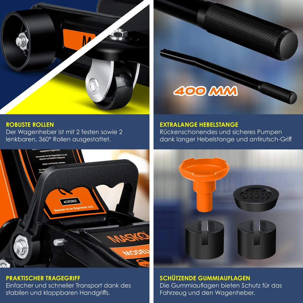 MASKO® Wagenheber Hydraulisch Flache Hubhöhe + 2x Gummiauflage + Handschuhe KFZ Rangierwagenheber Hydraulischer 360° Rollen Heber Unterstellbock, Größe:2.5 Tonnen - Orange 7 MASKO® Wagenheber Hydraulisch Flache Hubhöhe + 2x Gummiauflage + Handschuhe KFZ Rangierwagenheber Hydraulischer 360° Rollen Heber Unterstellbock, Größe:2.5 Tonnen - Orange – Bild 5