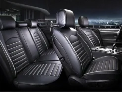 Schwarz Komplettsatz Sitzbezüge Kunstleder Schonbezüge Weiße Rand Fullset